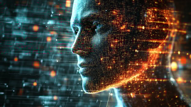 Humanoid figure with glowing digital texture represents artificial intelligence and the convergence of biology and technology. photo