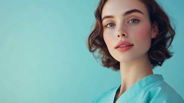 Close-up of a young woman with delicate features and fair skin, wearing a teal top against a matching teal backdrop. Soft focus portrait. photo