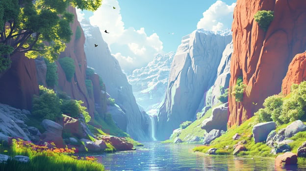 Scenic canyon landscape with a river, waterfall, and towering rock formations. A serene and picturesque view of nature's grandeur. photo