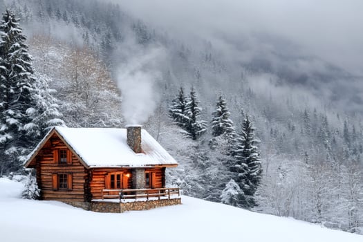 Wooden cabin smoking chimney in snowy mountain scenery during winter photo
