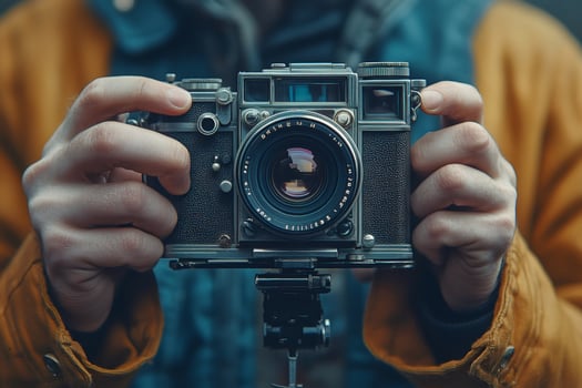 Photographer holding vintage camera, close up photography concept photo