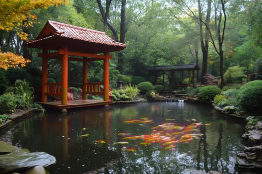 Koi fish swimming in tranquil pond of lush garden with traditional pavilion photo