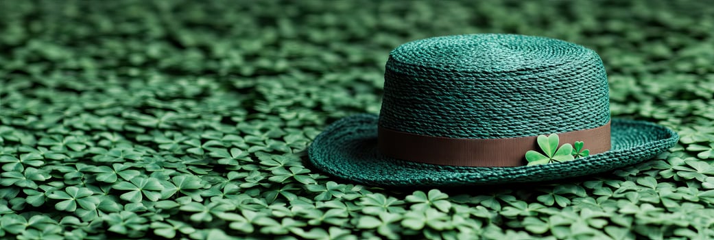 Banner St. Patrick's Day background with green hat and clover leaves with copy space for text photo