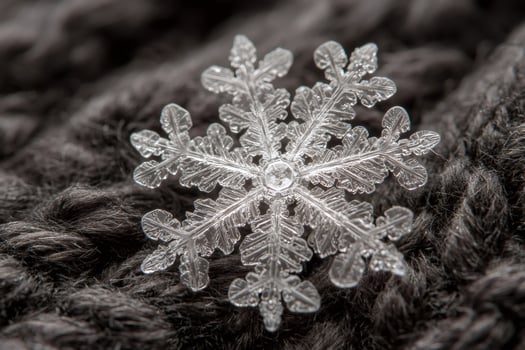 Intricate snowflake crystal lying on soft dark woolen surface photo