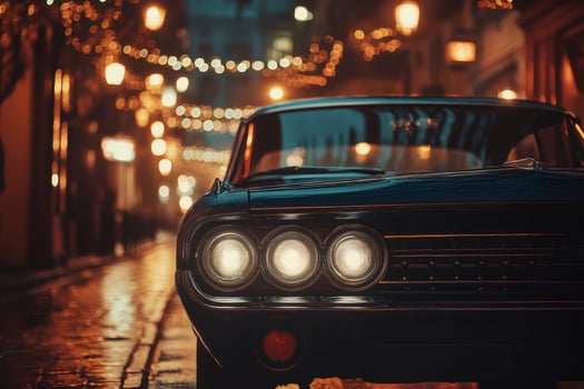 Classic car illuminating night street with festive lights photo