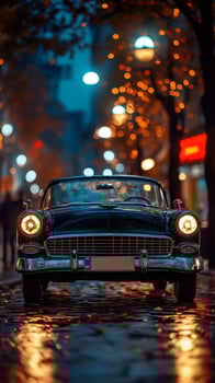 Classic car parked on cobblestone street at night, reflecting city lights photo