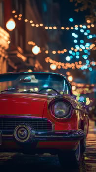 Red convertible car parked under string lights at night photo