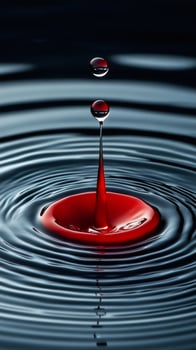 Red water droplet splashing and creating concentric ripples photo