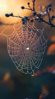Dew drops adorning spiderweb at sunrise, a stunning display of nature's intricacy photo