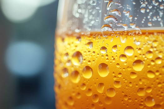 Refreshing cold beer with condensation droplets on glass photo