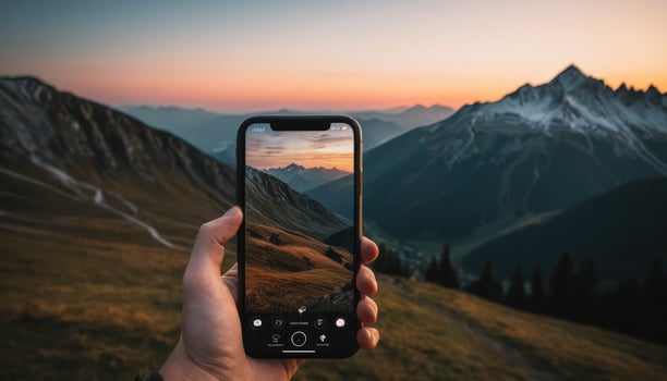 Hand Holding Smartphone Displaying Sunrise Over Mountain Landscape with Orange and Purple Sky photo