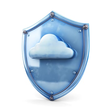 A stylized blue shield featuring a cloud symbol, representing cloud security and digital protection. photo