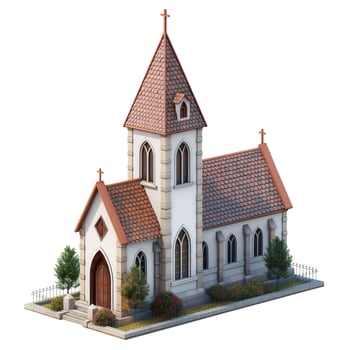 Charming European-style church with a tall spire, greenery, and colorful stained glass windows. photo
