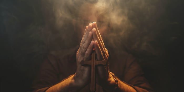 A man of middle age, with light skin, clasping his hands in prayer with a wooden cross, surrounded by ethereal smoke. photo