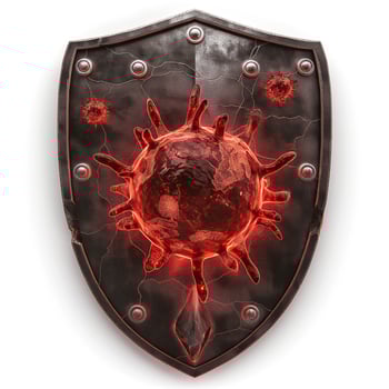 A striking shield design featuring a menacing virus illustration, symbolizing protection against disease. photo