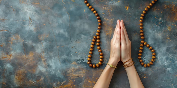 A close-up of clasped hands in prayer with wooden prayer beads on a textured blue and gold surface, symbolizing spirituality and serenity. photo