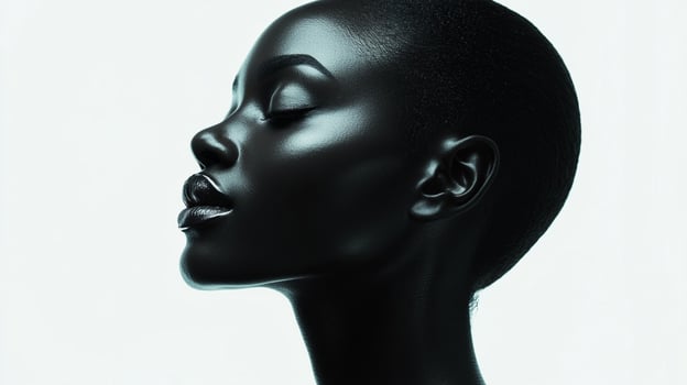 Striking portrait showcasing a woman's profile with flawless, even skin. Her closed eyes add to the serene, elegant feel. Minimalist background. photo