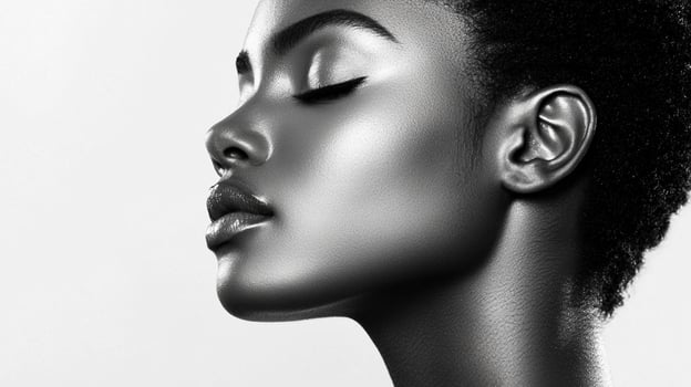Serene profile of a woman with smooth skin and delicate features in a black and white portrait, showing natural beauty and elegance. photo