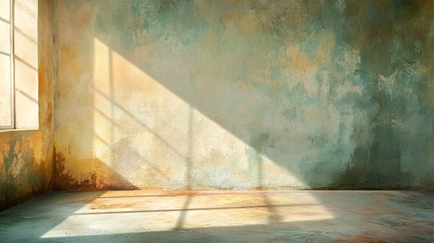 Sunlight streams through a window onto an old wall in a worn-down room with an artistic effect created by the room's aged texture. photo