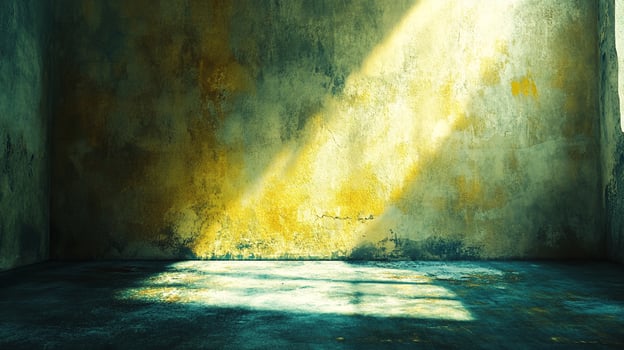 A weathered room corner catches a bright shaft of sunlight, highlighting the textures of the aged plaster and floor in a play of light and shadow. photo