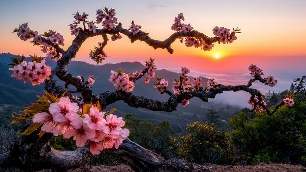 Stunning Sunset Landscape with Pink Blossom Tree Branch Overlooking Mountains and Valley photo