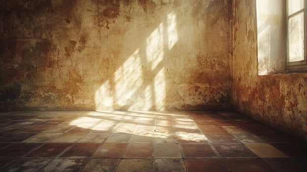 Sunlight streaming through a window illuminates a weathered room, casting shadows on the aged walls and tiled floor creating an atmosphere. photo