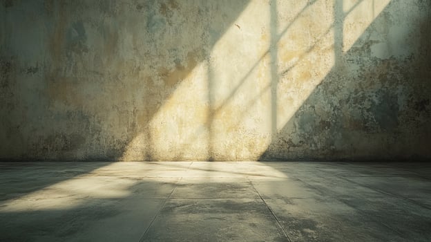 Interior with an aged wall and sunlight. Grungy texture and light creating an atmospheric effect in an empty room, perfect for backgrounds. photo