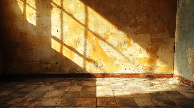 Sunlight casts shadows on a textured wall inside a weathered room, illuminating the aged and worn surface of the room. photo