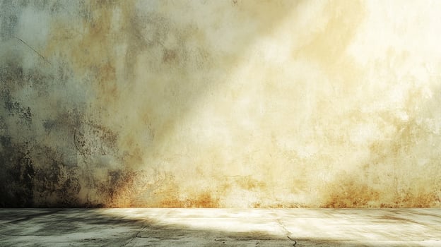 Sunlit, aged wall and floor create a texture-rich interior space, ideal for a simple background or showcasing a product. Golden light. photo