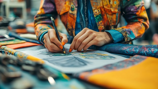 Close up of fashion designer drawing sketches of clothes at her workplace photo