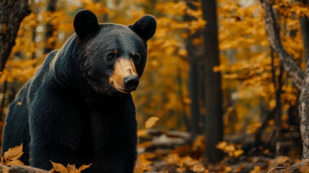 Black bear in a golden autumn forest. Wildlife scene with a majestic bear amidst the colorful foliage of fall season. photo