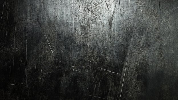Distressed metal surface with scratches and wear, creating a textured and industrial look. Subtle light reflects across the dark background. photo
