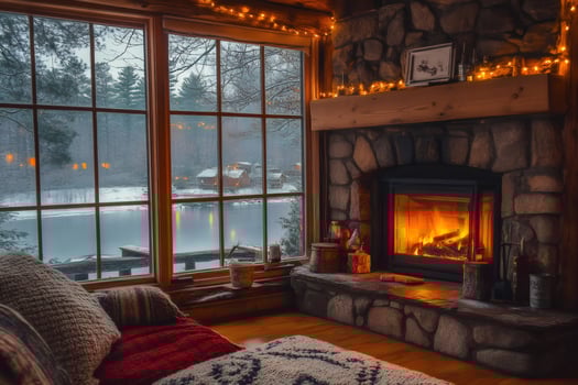 Burning fireplace warming cozy living room overlooking snowy lake in winter photo