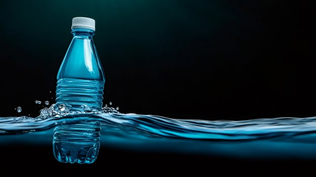 Plastic water bottle floating in clean water with air bubbles photo