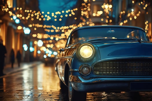 Classic car parked on a cobblestone street with christmas lights at dusk photo