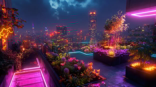 Rooftop garden with futuristic neon lights illuminating cityscape at night photo