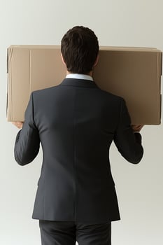 Businessman in suit carrying cardboard box on his shoulders in minimalist office space photo