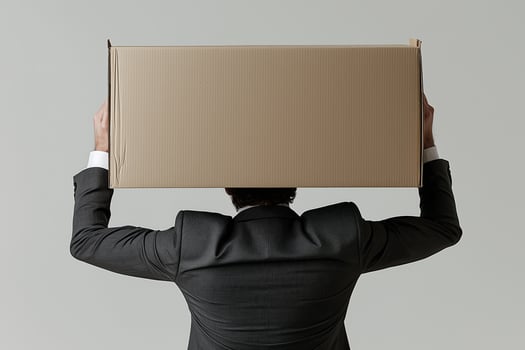 Businessman in suit carrying large cardboard box on head conceptual image of burden and responsibilities photo