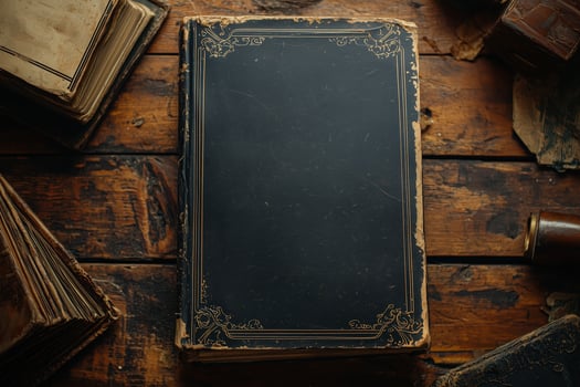 Vintage hardcover book with decorative gold details on rustic wooden table photo