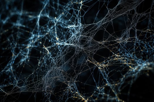 Abstract close-up of intricate spider web with sparkling dewdrops and backlighting photo