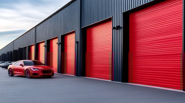 Red coupe parked in front of storage units with red roll up doors photo