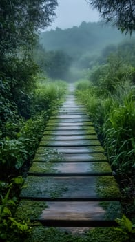 Mossy wooden footbridge leading into misty forest landscape photo