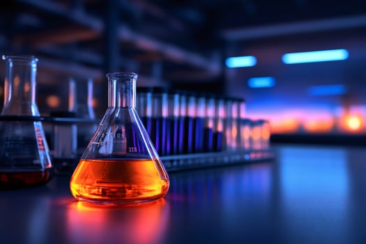 Erlenmeyer flask containing orange chemical liquid in laboratory at sunset photo