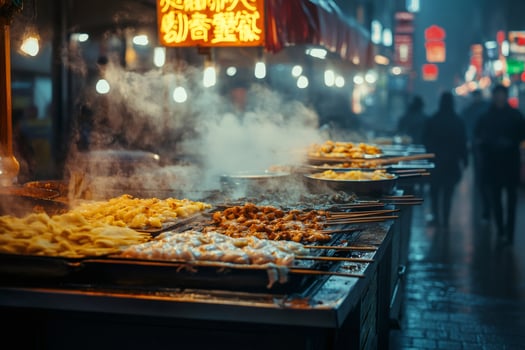 Steaming hot food cooking on a grill at a night market in china photo