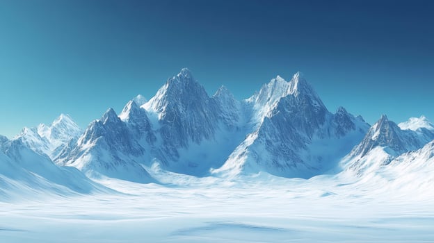 Snowy mountain range dominating a vast frozen landscape under a clear blue sky photo