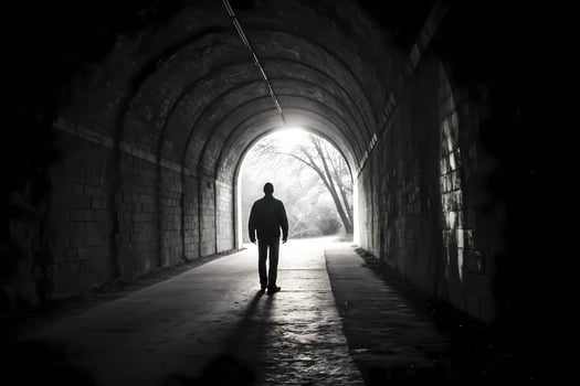 Man walking into the light at the end of dark tunnel photo