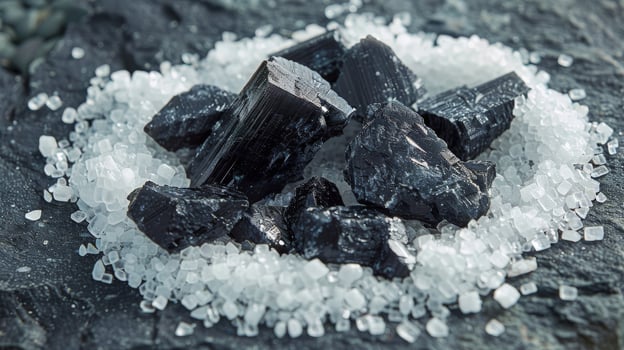 A collection of hematite crystals is surrounded by coarse sea salt on dark surface. Healing gemstones, cleansing energy photo