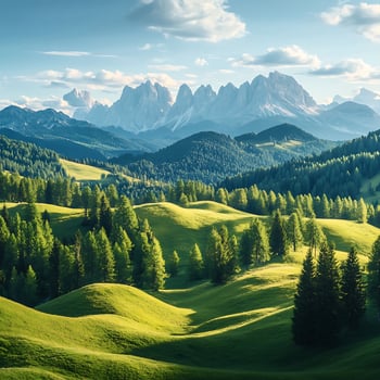 beautiful landscape of green hills and mountains in the dolomites photo