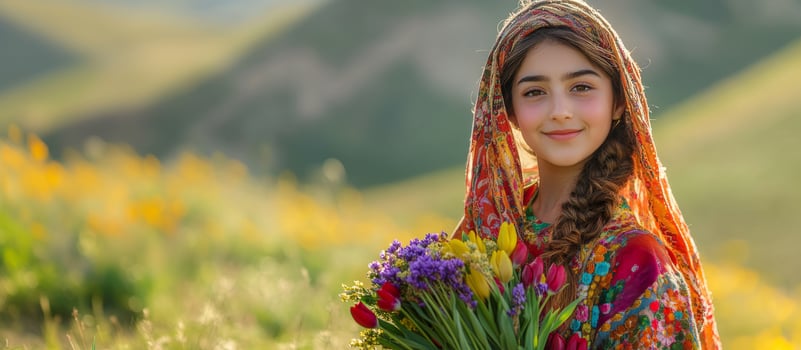 A girl holds a bouquet of flowers, in traditional patterned scarf. Nowruz, the Persian New Year. Wide banner, copy space photo