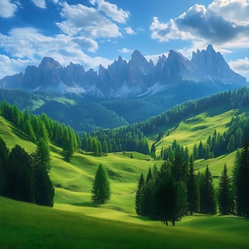 beautiful green landscape with mountains and trees photo